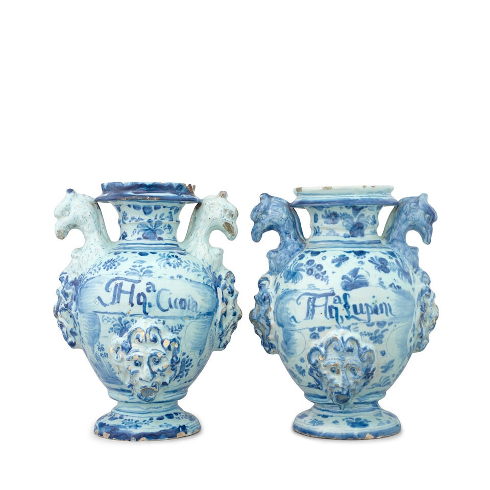 A pair of Savona maiolica drug jars, mid 18th century (1 of 6)
