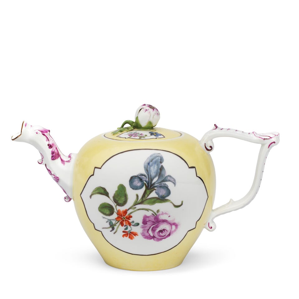 A Meissen yellow-ground teapot and cover, mid 18th century: A Meissen yellow-ground teapot and cover, mid 18th century Each side reserved with a black-edged panel painted with deutsche Blumen, the handle and animal spout picked out in puce, the cover similarly