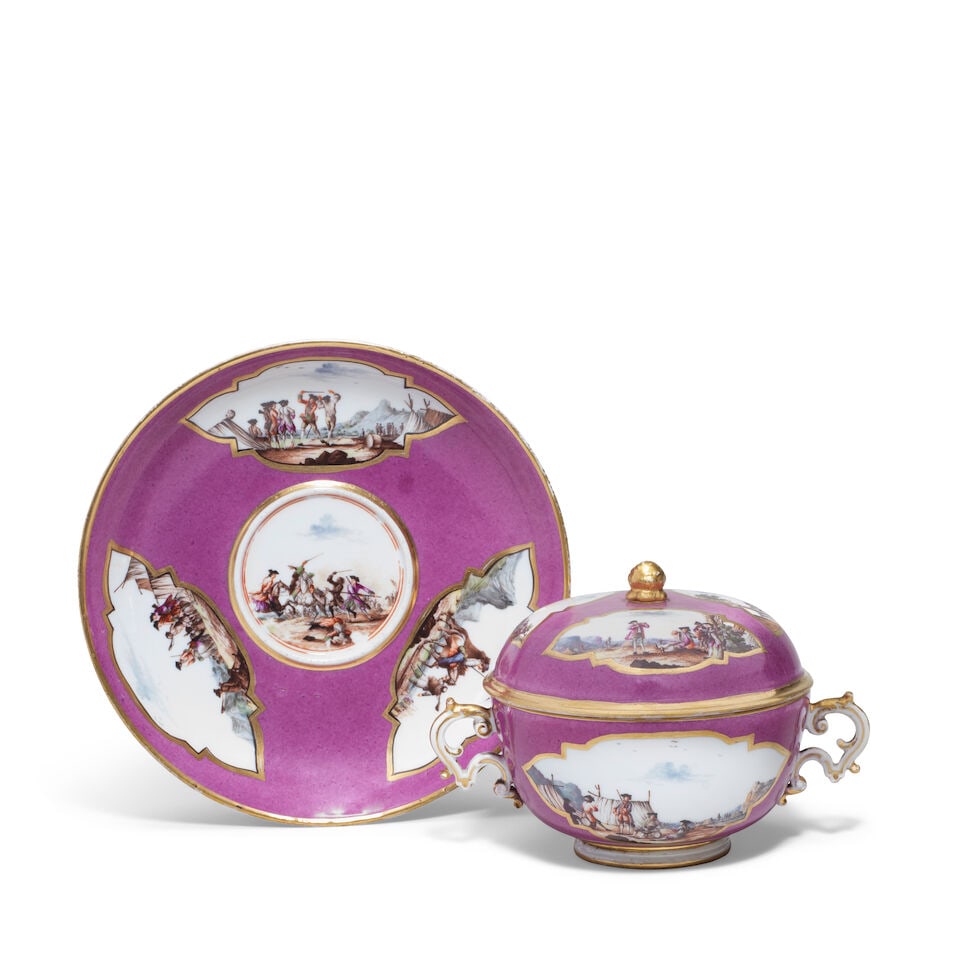 A Meissen purple-ground ecuelle, cover and stand, circa 1740: A Meissen purple-ground ecuelle, cover and stand, circa 1740 Reserved with shaped, gilt-edged quatrefoil panels painted with scenes of soldiers at camp, the stand with an additional battle scene