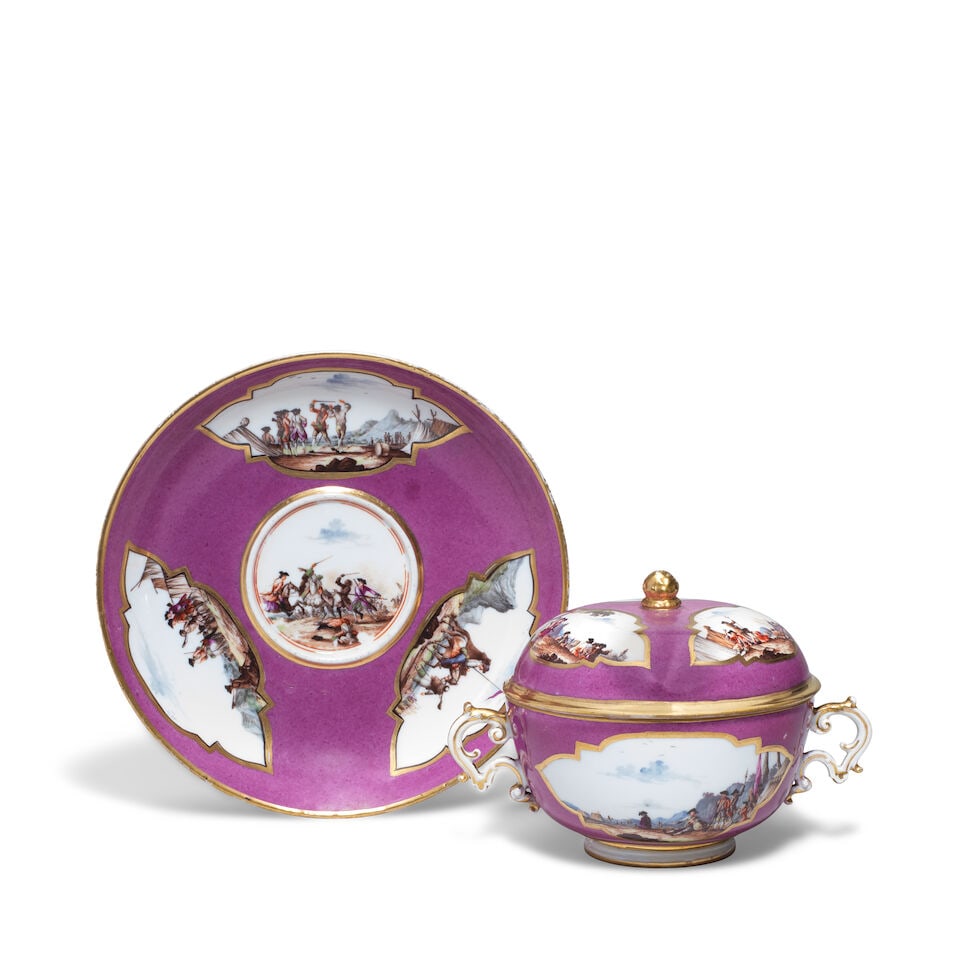 A Meissen purple-ground ecuelle, cover and stand, circa 1740 - 2