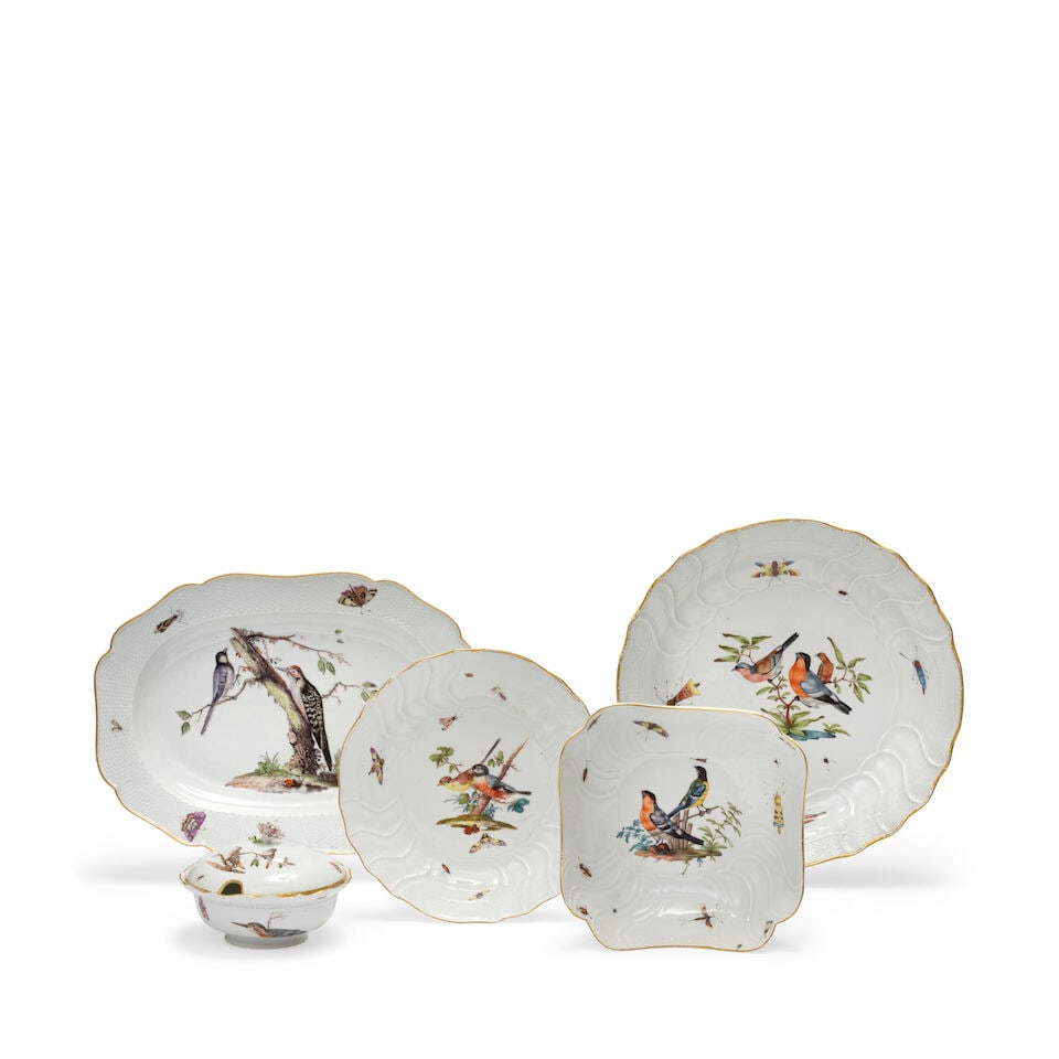A Meissen composite part dinner service, mostly circa 1760-70: A Meissen composite part dinner service, mostly circa 1760-70 Each piece painted with a landscape vignette with birds perched on branches and scattered insects, gilt-edged rims, comprising: fourteen