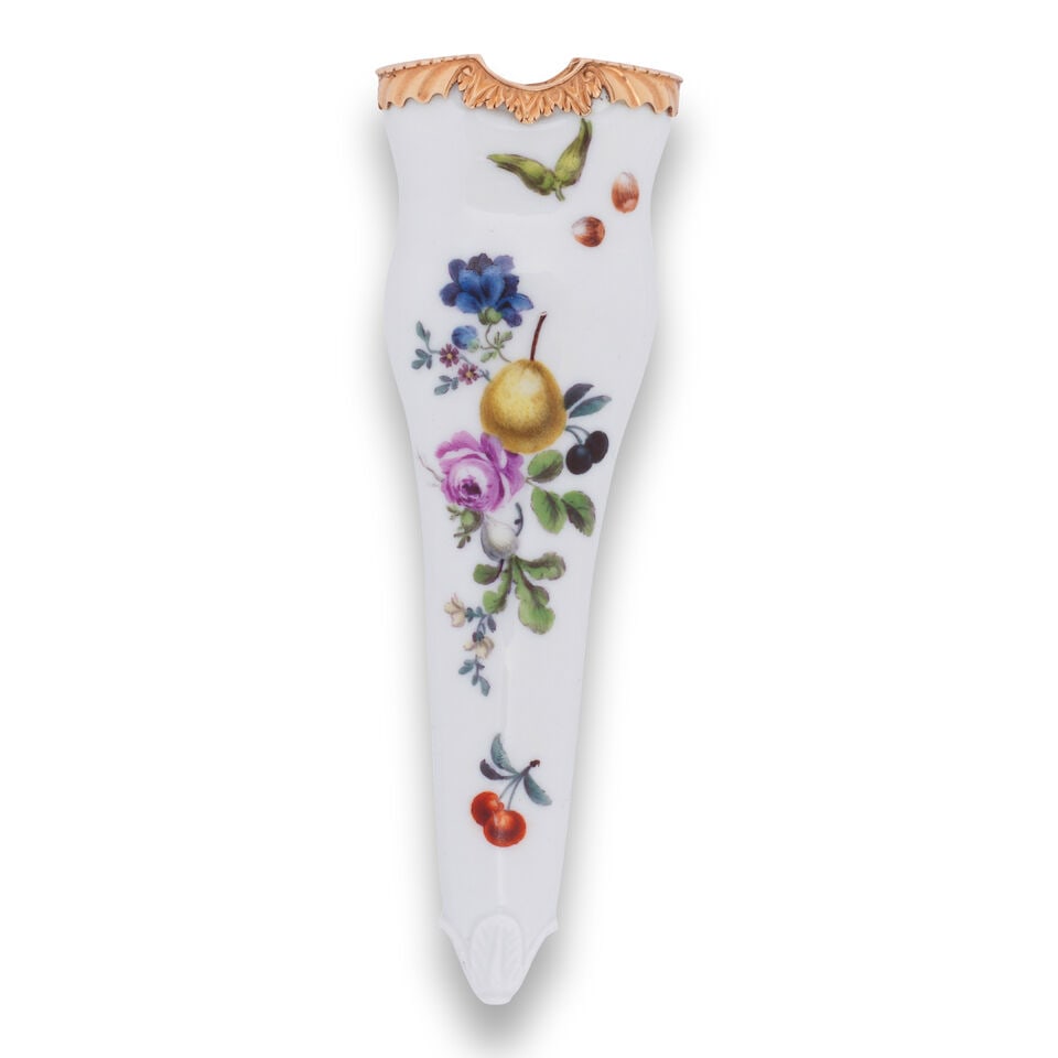 A Meissen gold-mounted etui, circa 1750-60: A Meissen gold-mounted etui, circa 1750-60 Of lobed, tapering form with a moulded foliate terminal, painted on each side with a sprig of fruit and flowers and further, scattered fruit and flowers,