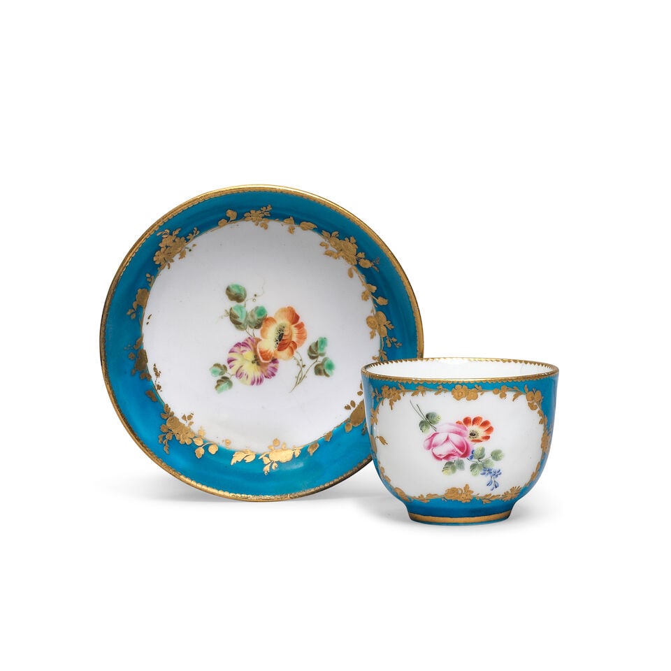 A small Vincennes or Sèvres bleu-céleste ground small cup and saucer, circa 1756 (1 of 1)