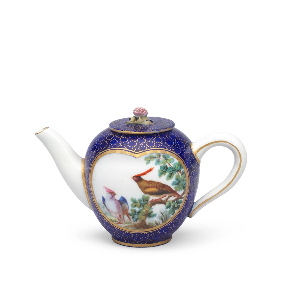A Sèvres miniature blue-ground teapot and cover, dated 1763: A Sèvres miniature blue-ground teapot and cover, dated 1763 Each side finely painted with birds perched on branches, possibly by Armand l'aîné, within gilt-edged cartouches, the bleu-la