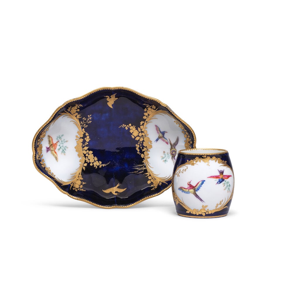 A Vincennes bleu-lapis ground mustard pot and stand (moutardier et plateau), circa 1756 (1 of 1)