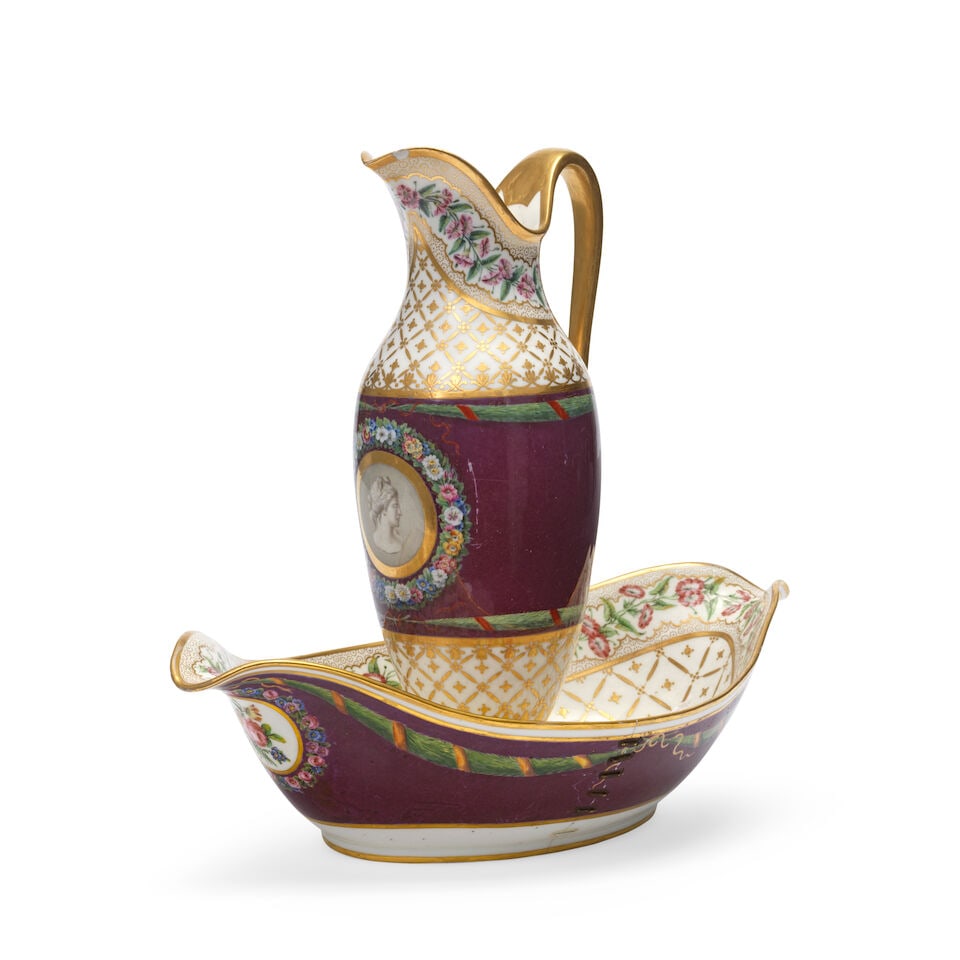 A Sèvres maroon-ground ewer and basin (pot à l'eau et jatte forme nacelle), circa 1793 - 2