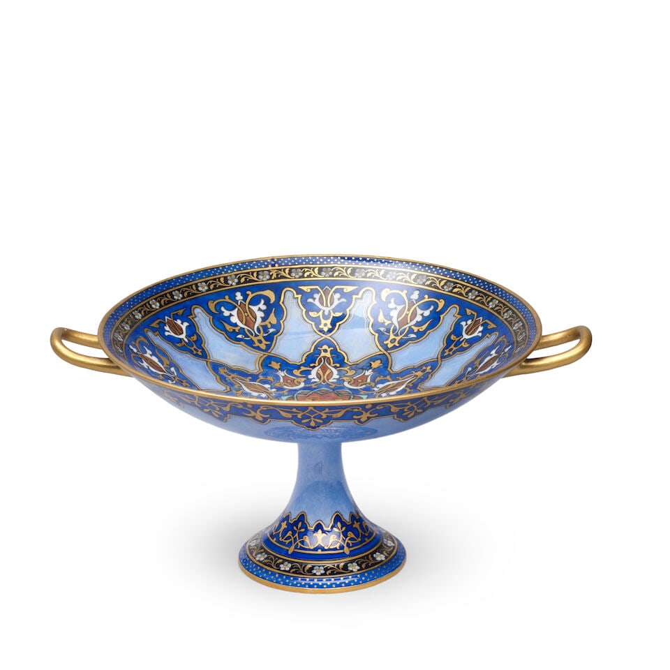 A Sèvres small double-handled coupe, dated 1879: A Sèvres small double-handled coupe, dated 1879 Decorated by Henri-Louis-Laurent Uhlrich, in the shape of a Greek kylix, painted in iznik style in imitation of cloisonné with a pale-blue