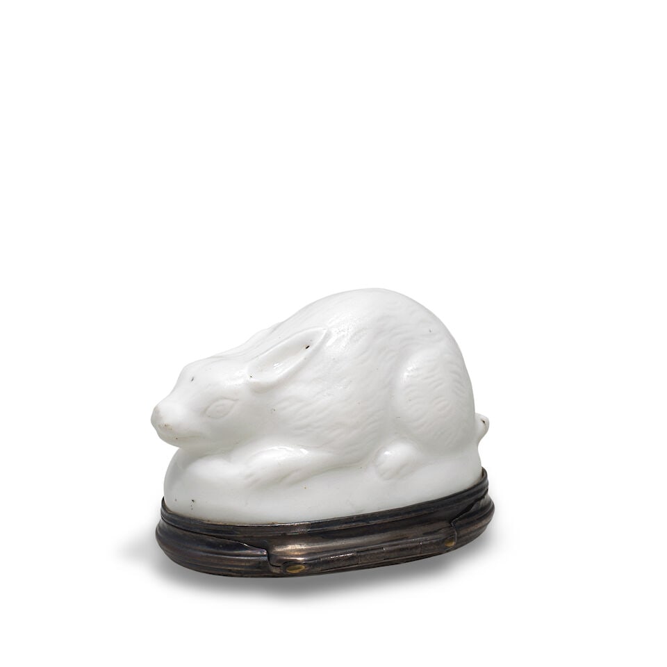 A Mennecy silver-mounted white patch box modelled as a rabbit, circa 1735 - 2