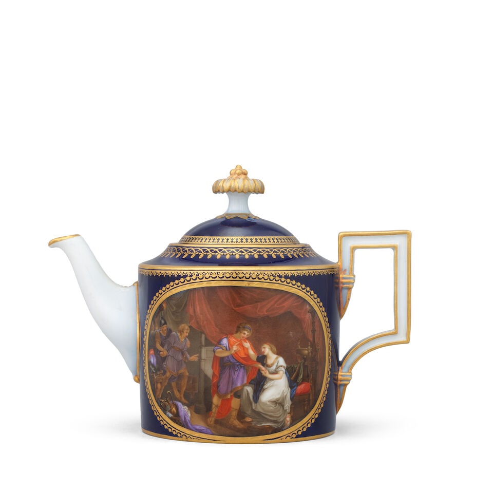 A Meissen Marcolini period blue-ground teapot and cover, circa 1795-1800: A Meissen Marcolini period blue-ground teapot and cover, circa 1795-1800 The deep blue ground reserving a large oval panel on both sides, finely painted in the manner of Johann David Schubert with