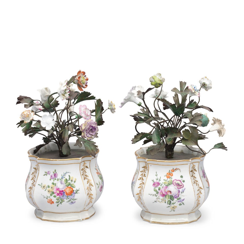 A pair of Paris, Clignancourt, cachepots, late 18th century, mounted with later flowers - 2