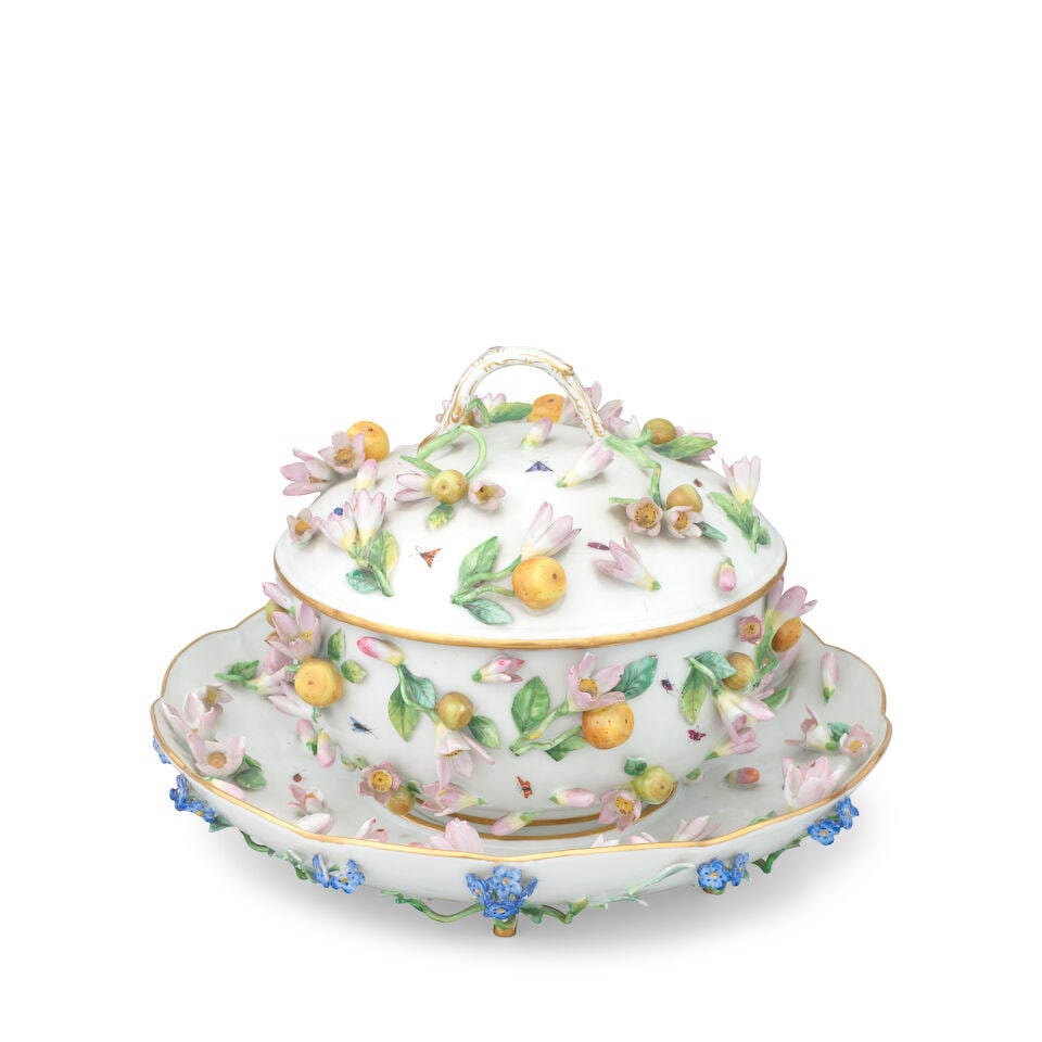 A Meissen flower-encrusted ecuelle, cover and stand, late 19th/ early 20th century: A Meissen flower-encrusted ecuelle, cover and stand, late 19th/ early 20th century Applied with pink flowers, foliage and fruit and painted with scattered insects, the underside of the stand with
