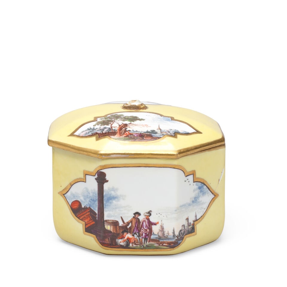 A Meissen yellow-ground octagonal sugar bowl and cover; together with two Meissen chocolate cups... - 2