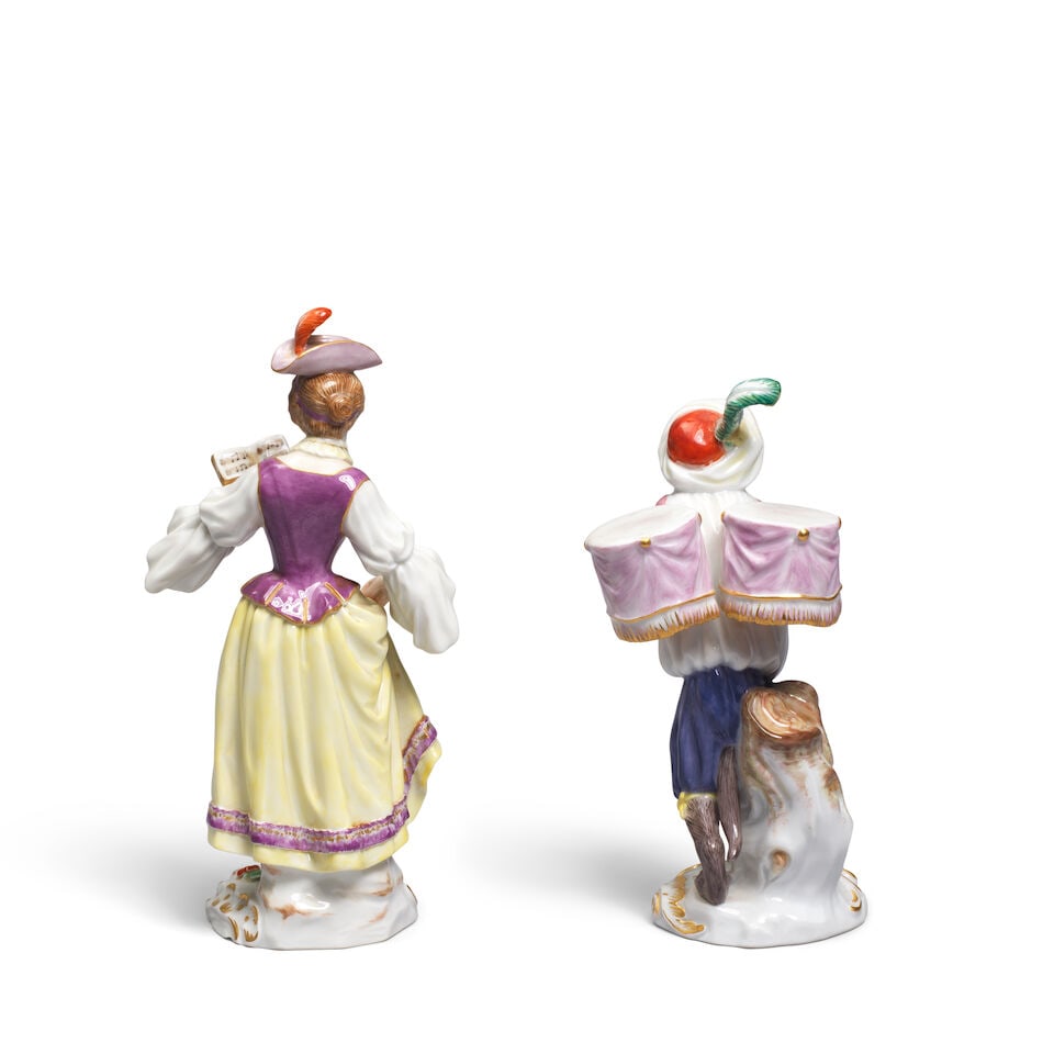 A Meissen monkey band figure and a Meissen figure of a singer, circa 1950 and 1989 - 2