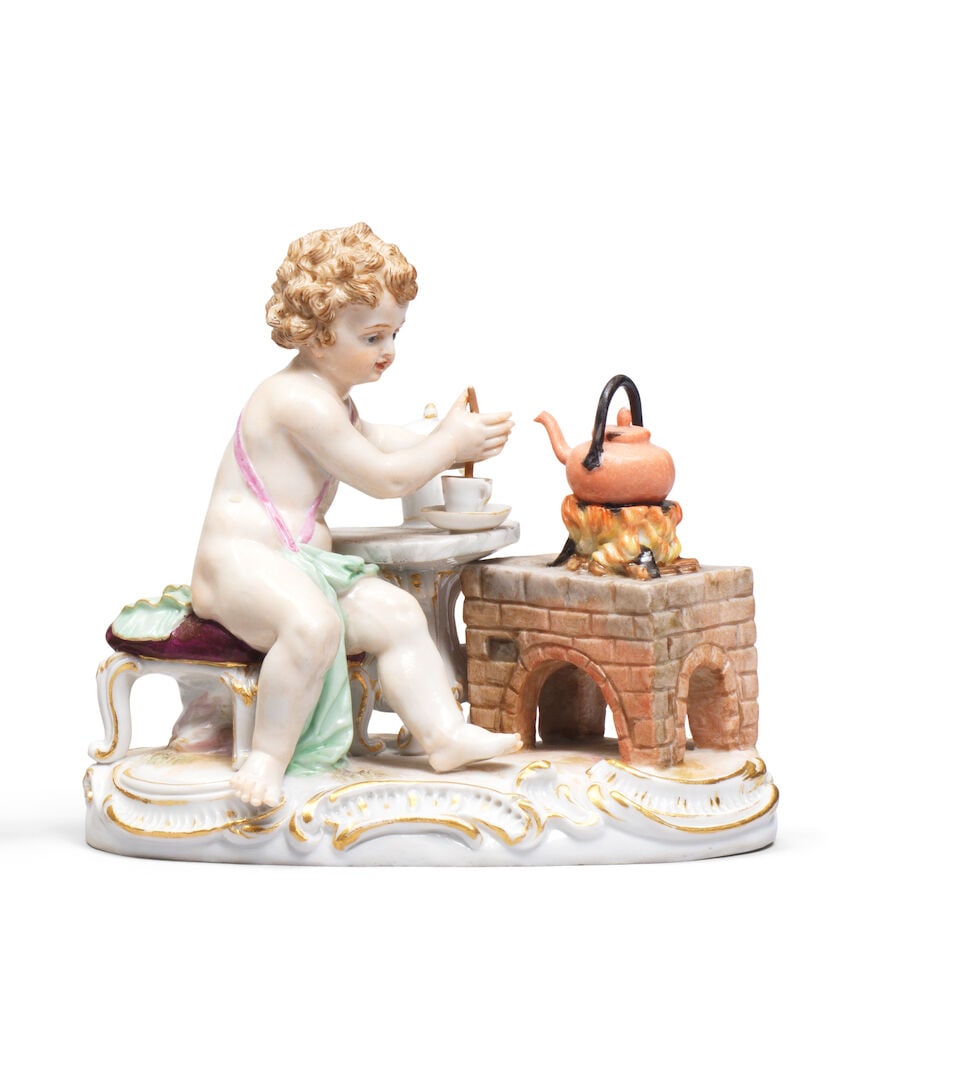 A Meissen figure of a putto preparing chocolate, late 19th century; together with a German figur... (1 of 3)