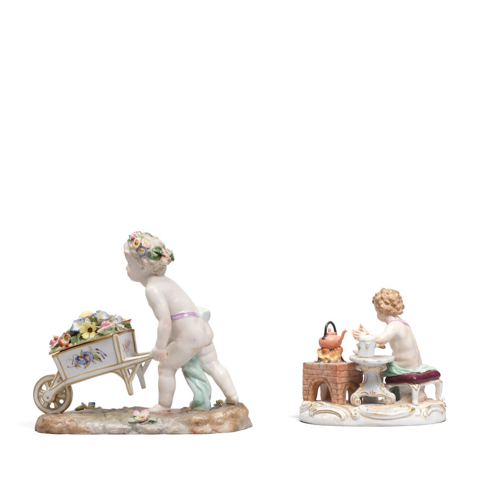 A Meissen figure of a putto preparing chocolate, late 19th century; together with a German figur... - 2