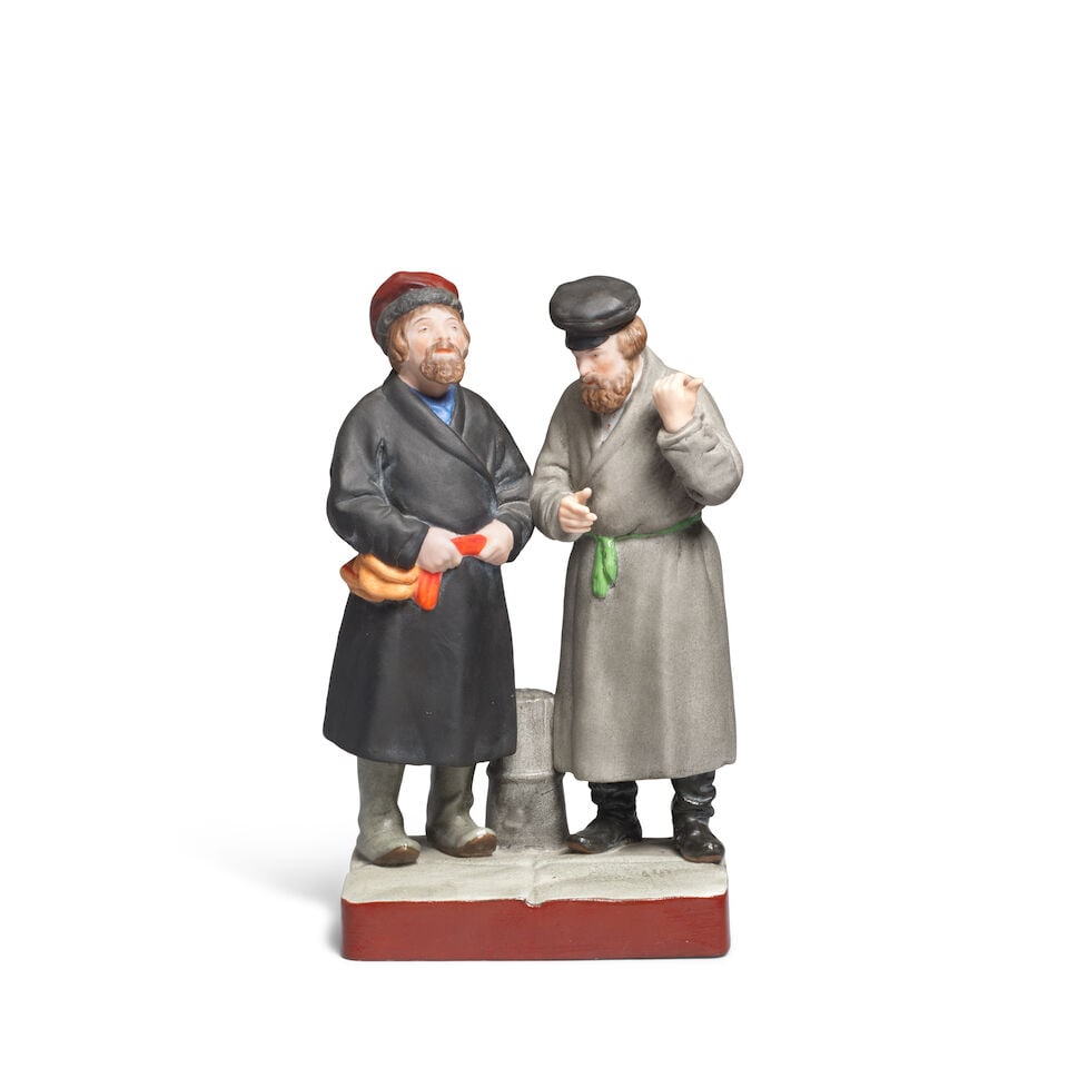 A Russian biscuit porcelain group of two men, Moscow, Gardner's factory, late 19th century: A Russian biscuit porcelain group of two men, Moscow, Gardner's factory, late 19th century Decorated in enamel colours, the bearded figures wearing hats and pale-grey and black coats, respectively,