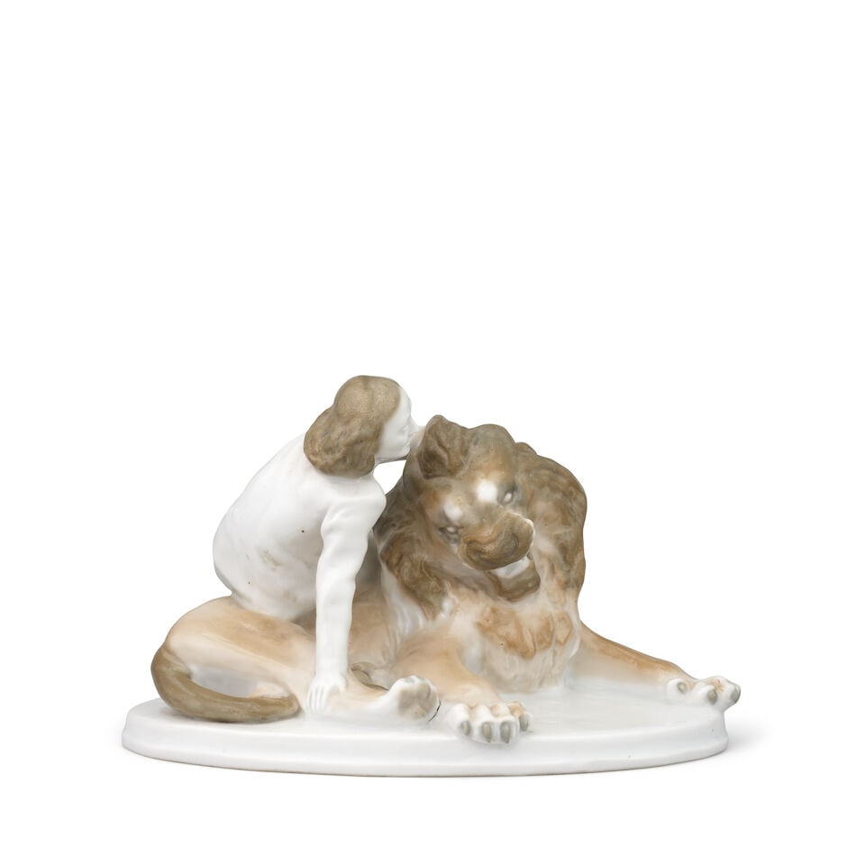 A Russian porcelain group of Irina Bugrimova and her 'pet lion', Lomonosov Porcelain Factory, Le... - 2