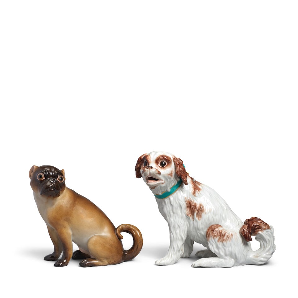 Two Meissen models of a spaniel and a pug dog, mid-19th century (1 of 2)