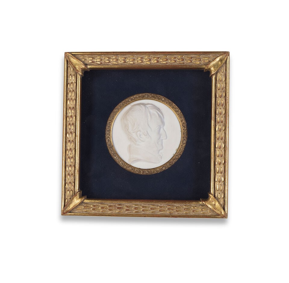 A Sèvres biscuit portrait medallion depicting Alexandre Brongniart, circa 1830: A Sèvres biscuit portrait medallion depicting Alexandre Brongniart, circa 1830 The cameo portrait en profil, inscribed with 'A Brongniart' and sculptor's name, mounted in a gilt frame against a