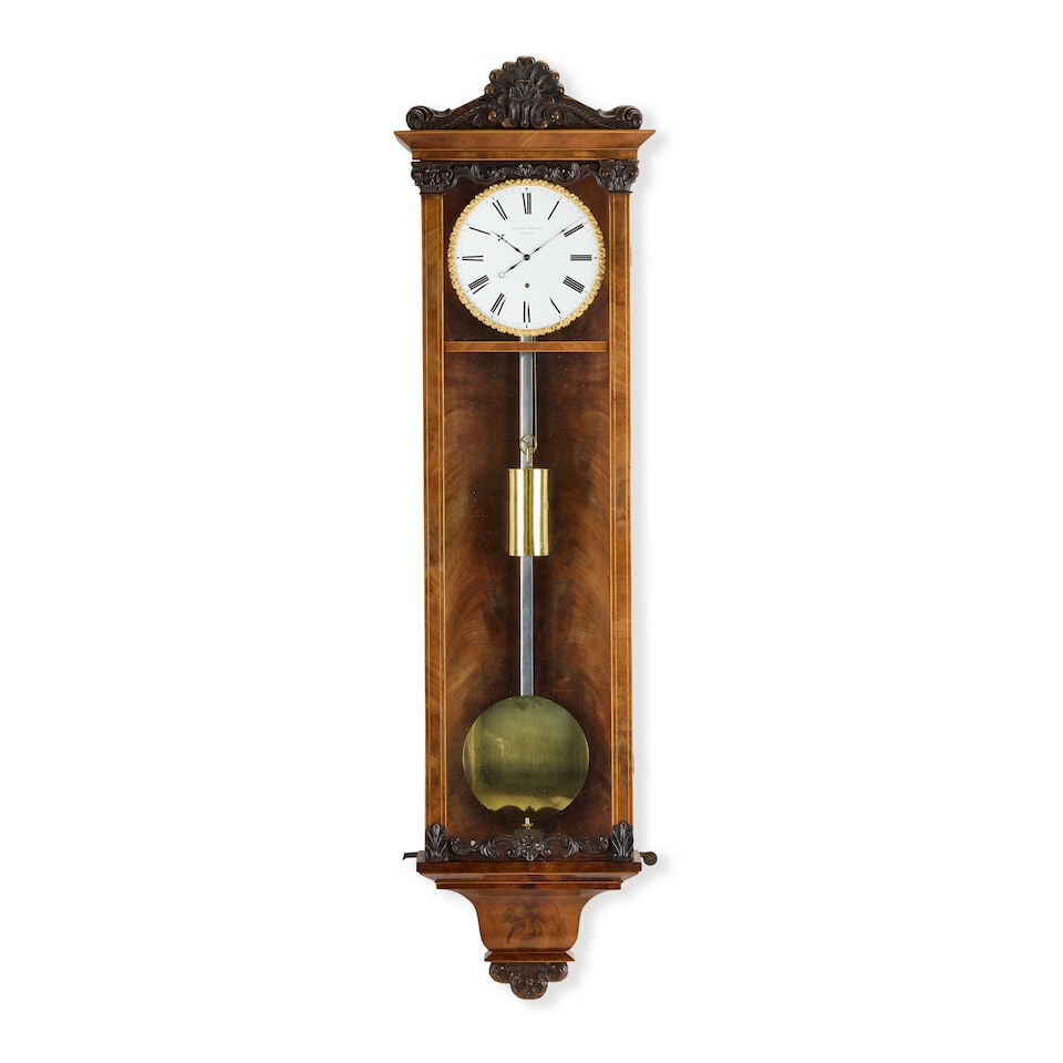 A boxwood-strung mahogany month going Vienna wall regulator Johann Weiss in Wien: A boxwood-strung mahogany month going Vienna wall regulator Johann Weiss in Wien The six-light case surmounted by a shell-carved cresting supported on two Ionic-style pilasters with carved capitals an