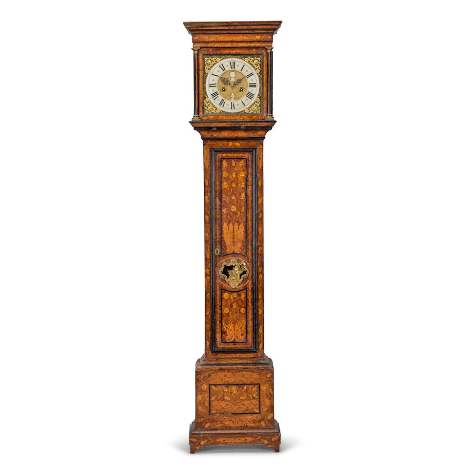 An 18th century Dutch marquetry inlaid and burr walnut Dutch-striking longcase clock of one mont... (1 of 2)
