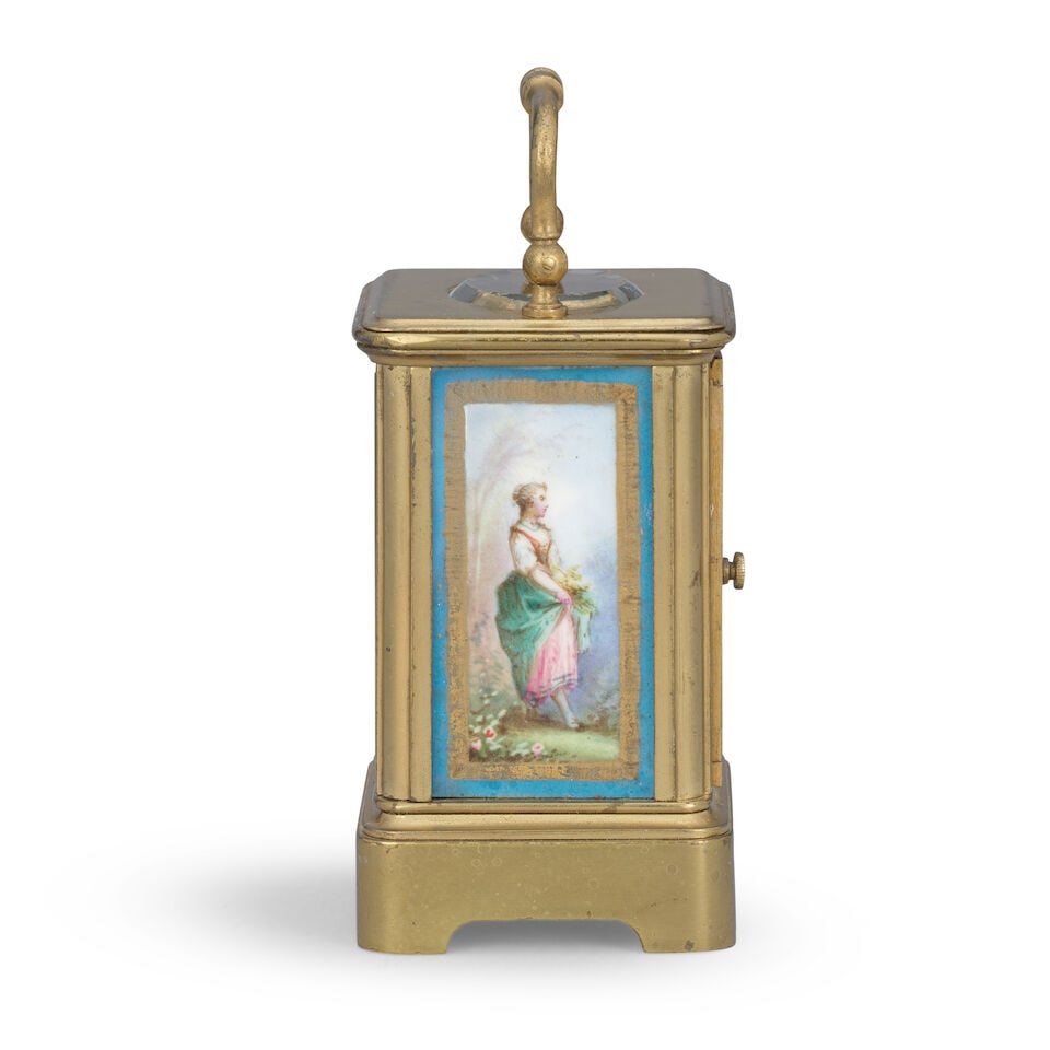 A late 19th century French miniature porcelain panelled carriage clock timepiece Numbered 345 - 2