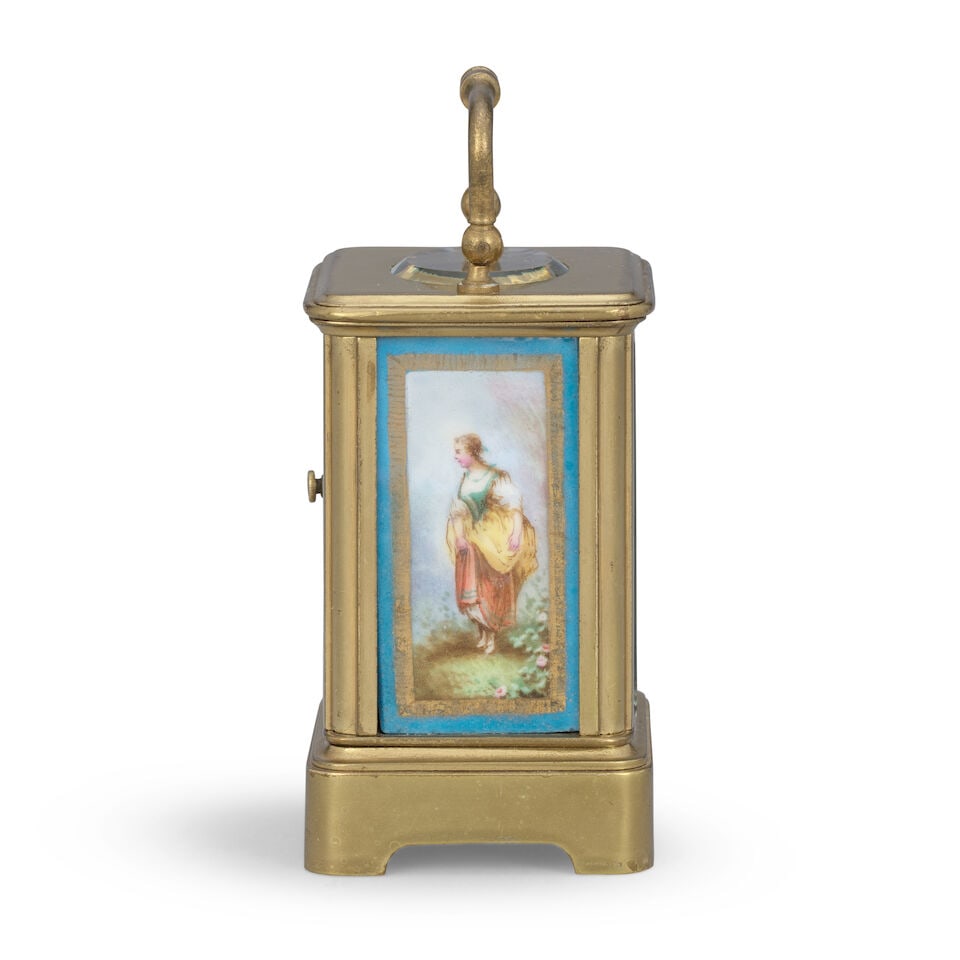 A late 19th century French miniature porcelain panelled carriage clock timepiece Numbered 345 - 3