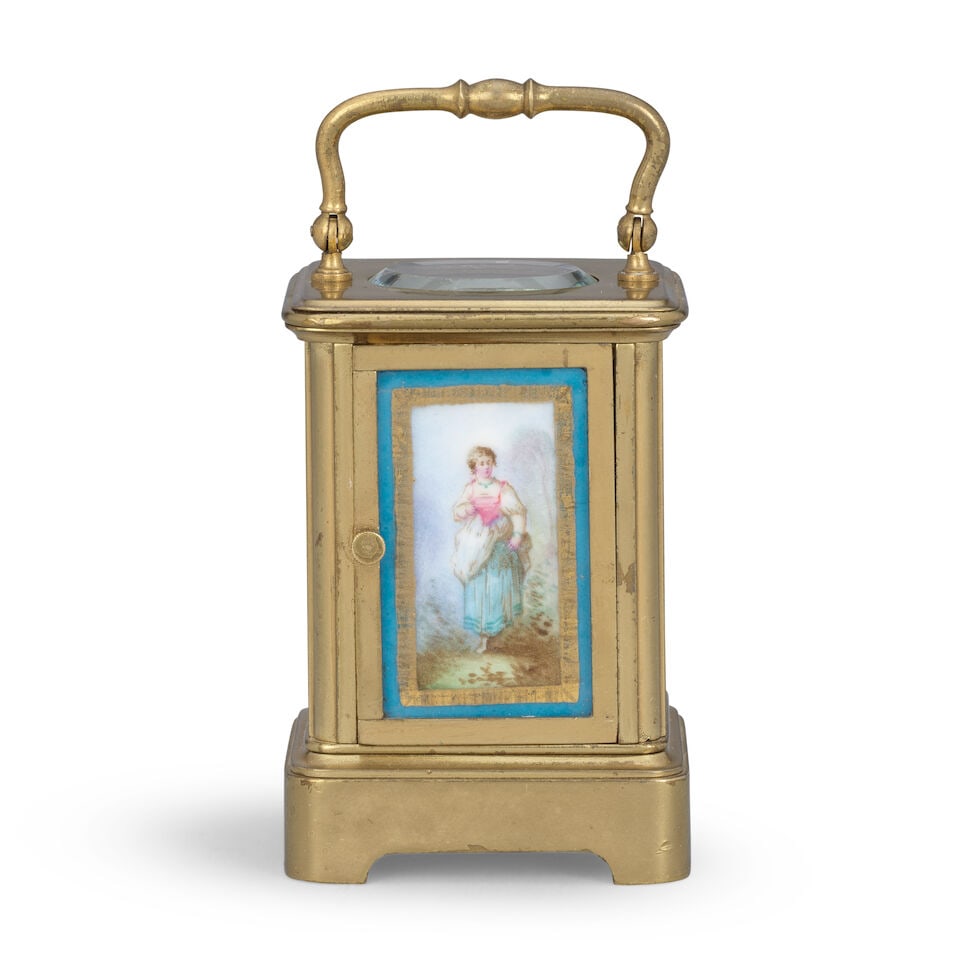 A late 19th century French miniature porcelain panelled carriage clock timepiece Numbered 345 - 4