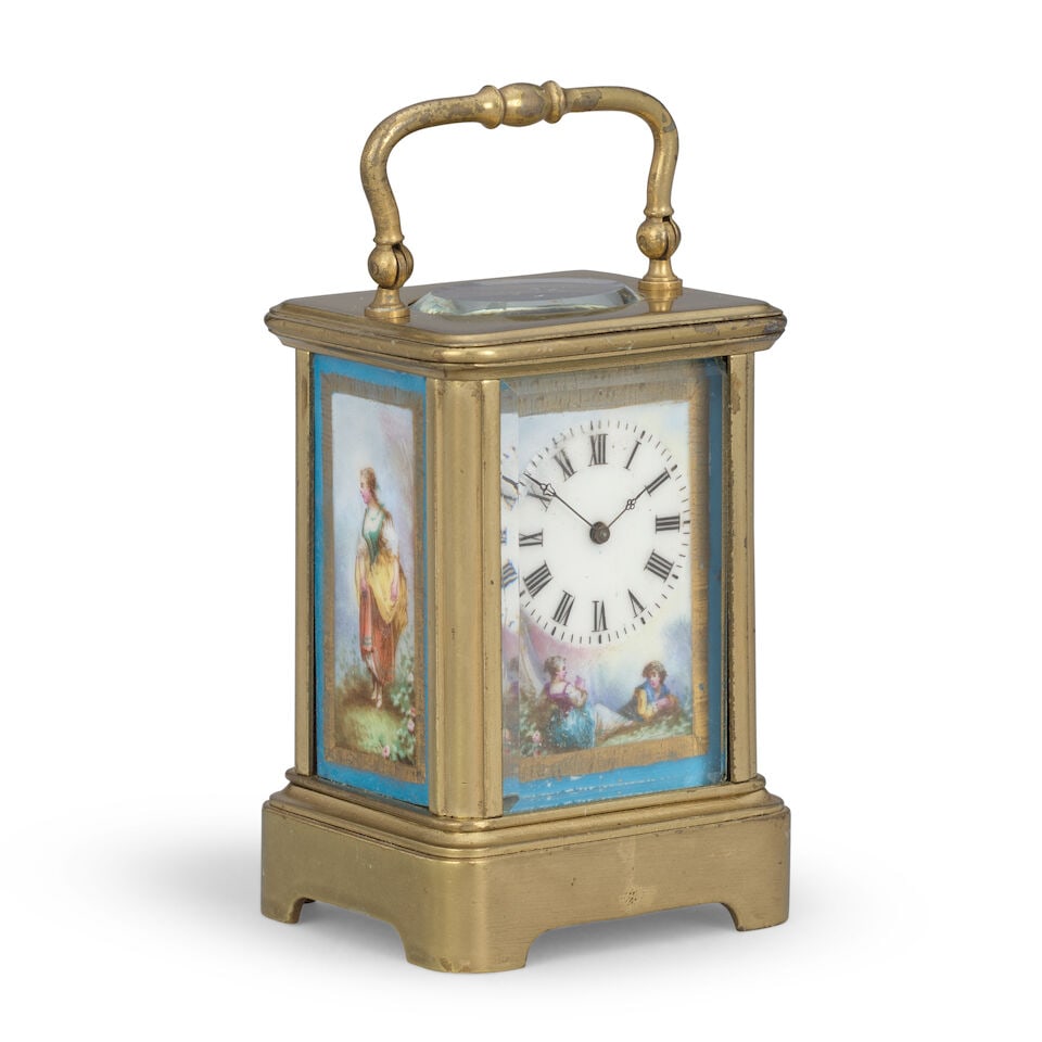 A late 19th century French miniature porcelain panelled carriage clock timepiece Numbered 345 - 5