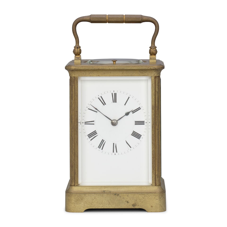 A late 19th century French striking and repeating carriage clock Henri Jacot, Paris No.4194: A late 19th century French striking and repeating carriage clock Henri Jacot, Paris No.4194 The case sumounted by a brass carrying handle over an oval observation window and brass repeat button to a