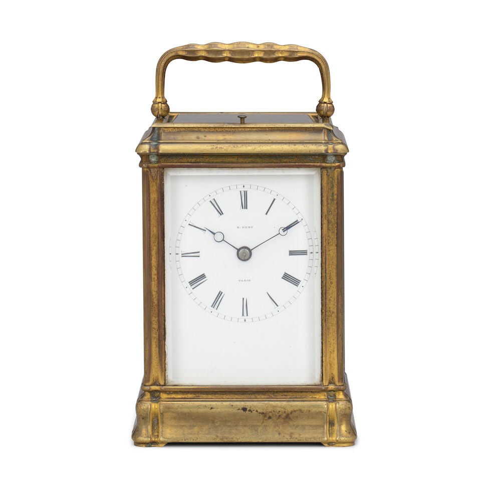 A late 19th century striking and repeating gorge cased carriage clock E Dent, Paris, No.866: A late 19th century striking and repeating gorge cased carriage clock E Dent, Paris, No.866 The case sumounted by a rippled brass carrying handle over a glazed top with observation windows to the