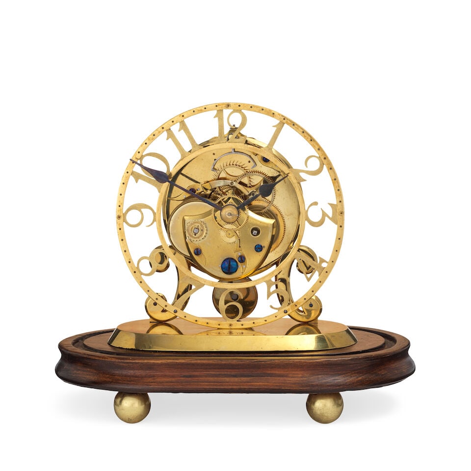 A good and rare mid 19th century skeleton clock timepiece with skeletonised dial, under a glass ... (1 of 3)