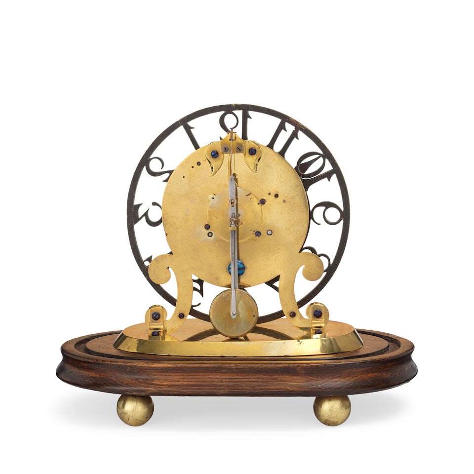 A good and rare mid 19th century skeleton clock timepiece with skeletonised dial, under a glass ... - 2