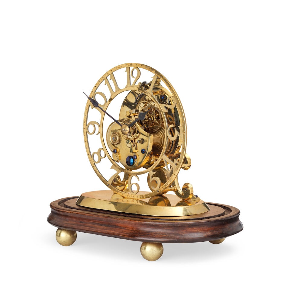 A good and rare mid 19th century skeleton clock timepiece with skeletonised dial, under a glass ... - 3