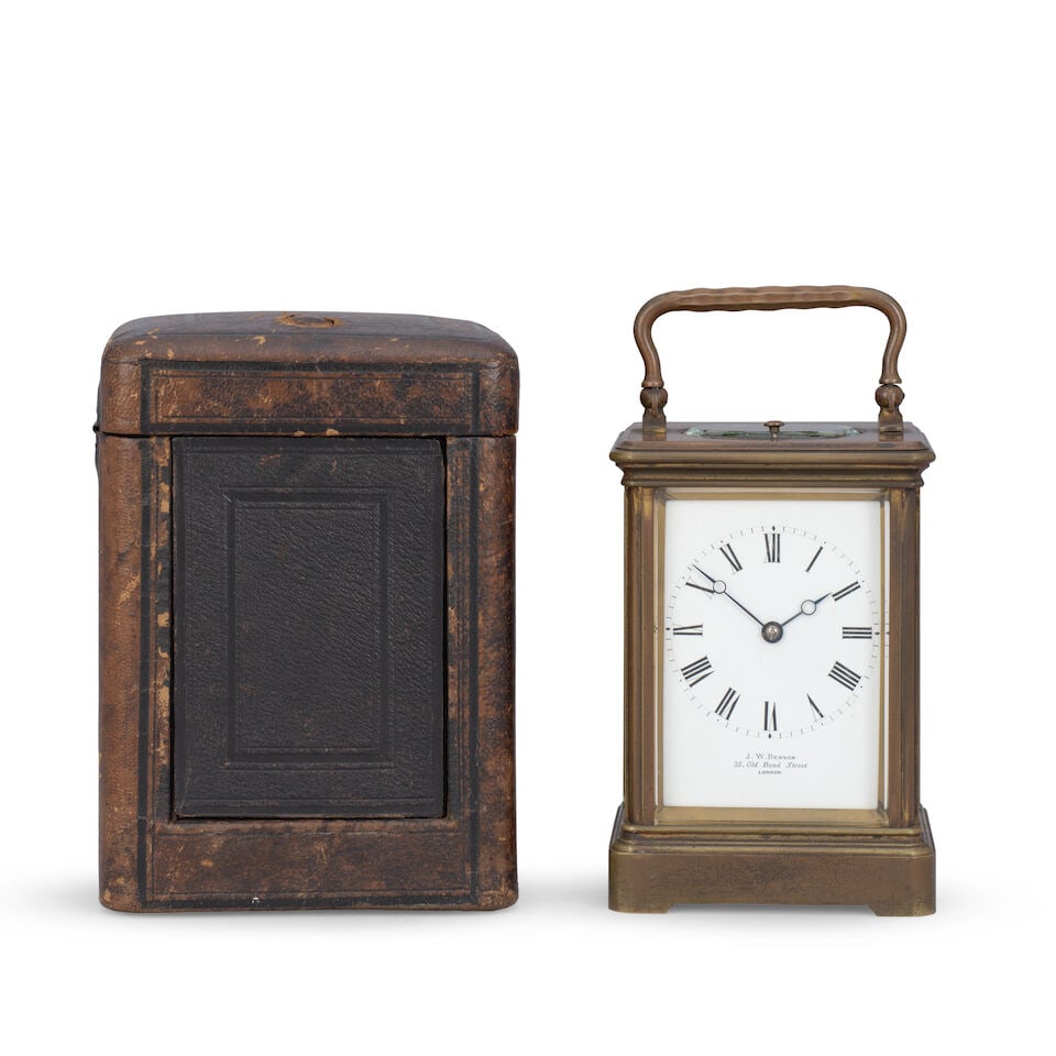 A late 19th century French striking and repeating carriage clock with original numbered winding ... (1 of 2)