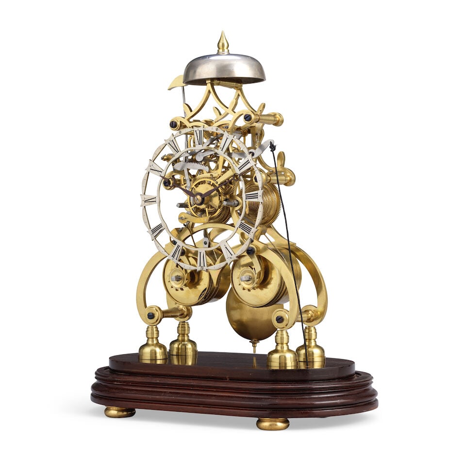 A late 19th century brass striking skeleton clock on later mahogany base - 3