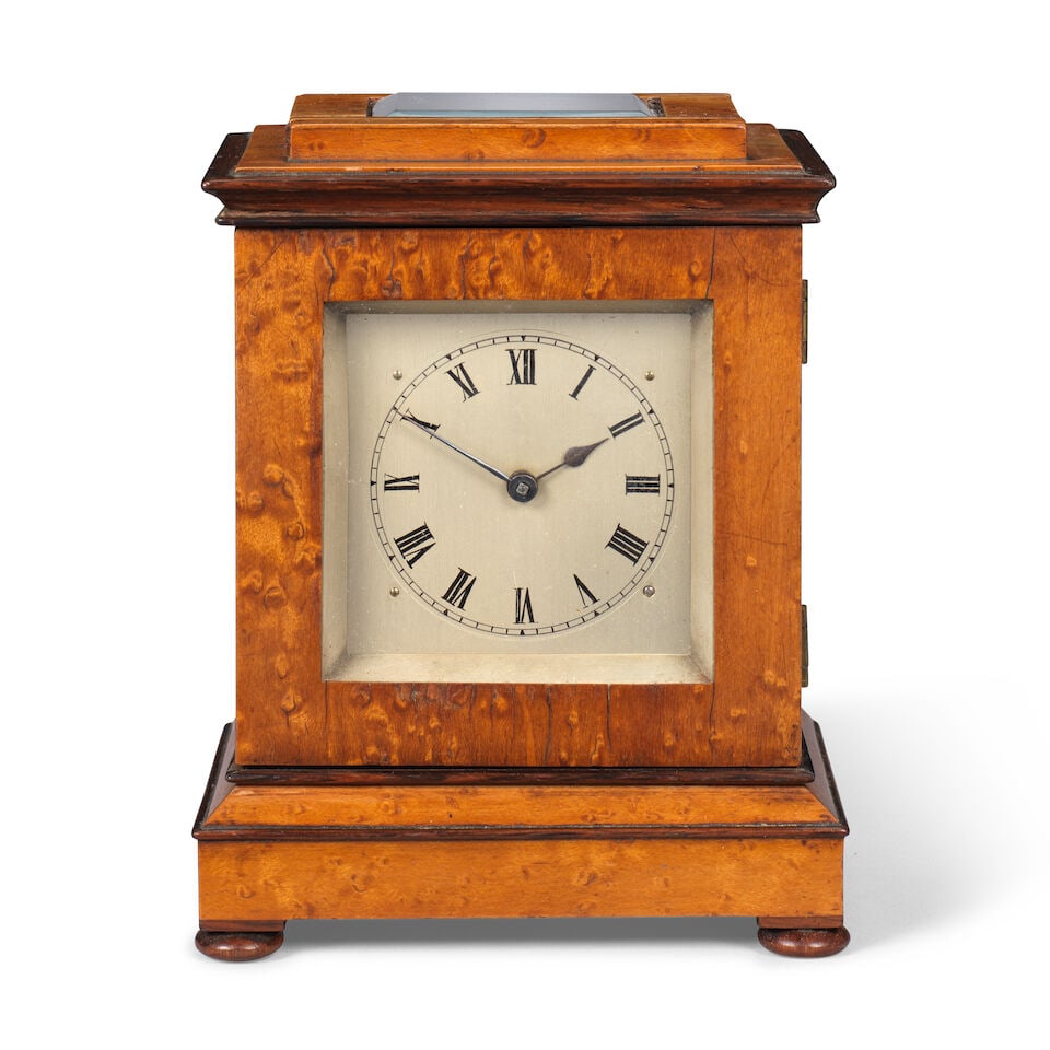 A late 19th century burr maple library clock timepiece French, Royal Exchange, London - 2