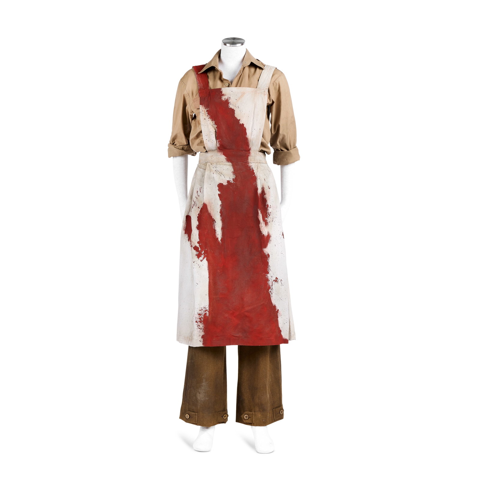 Claire's WWII army nurse costume, with faux blood staining Season 1, Episode 1, 'Sassenach' 3: Claire's WWII army nurse costume, with faux blood staining Season 1, Episode 1, 'Sassenach' Comprising: a cotton khaki shirt; a cotton pinafore with red paint splattered across it, intended to suggest