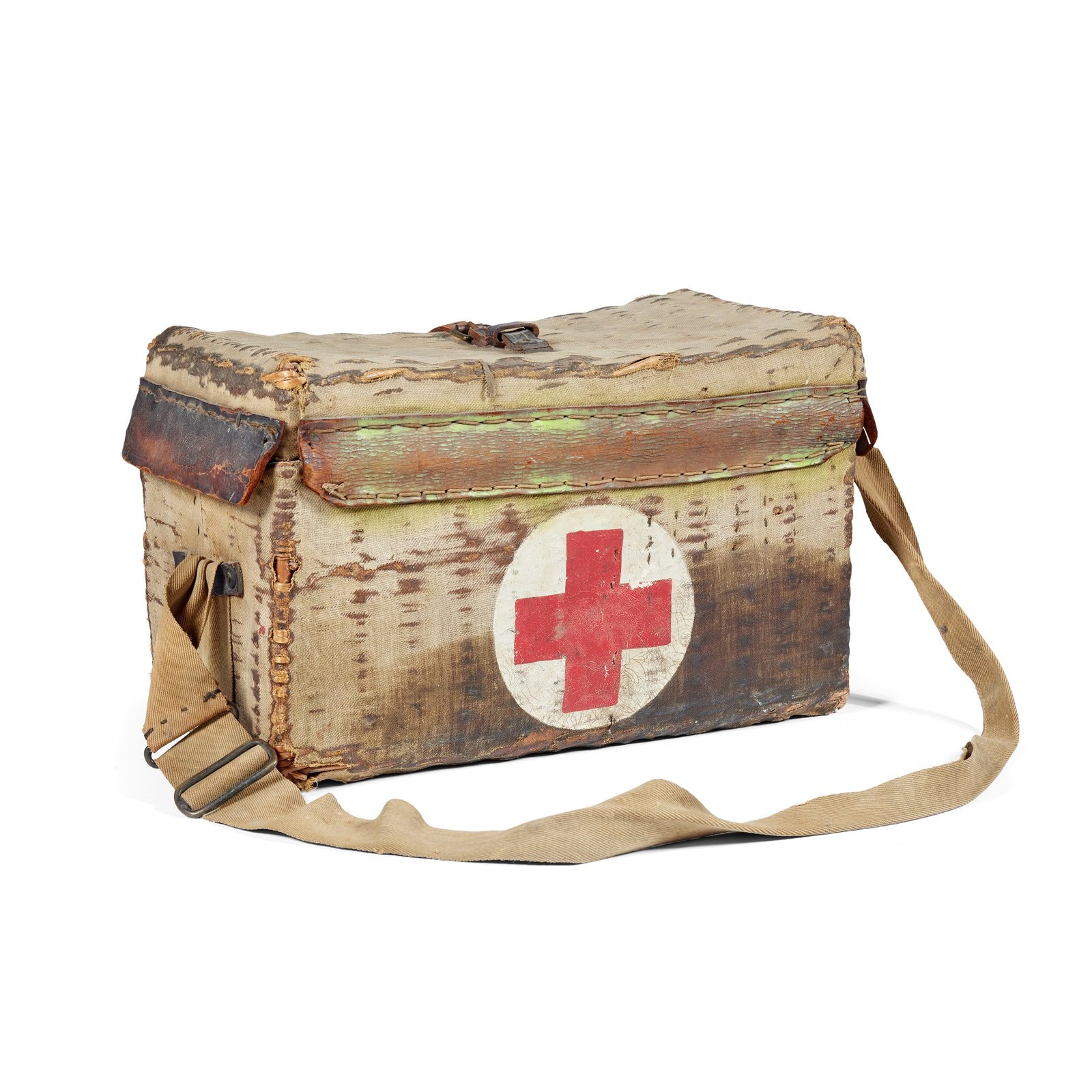Claire's wicker, canvas and leather mounted World War II travelling medical kit Acquired for Sea...: Claire's wicker, canvas and leather mounted World War II travelling medical kit Acquired for Season 2 Of rectangular form, with painted Red Cross symbol to the reverse, the leather hinged lid opening 