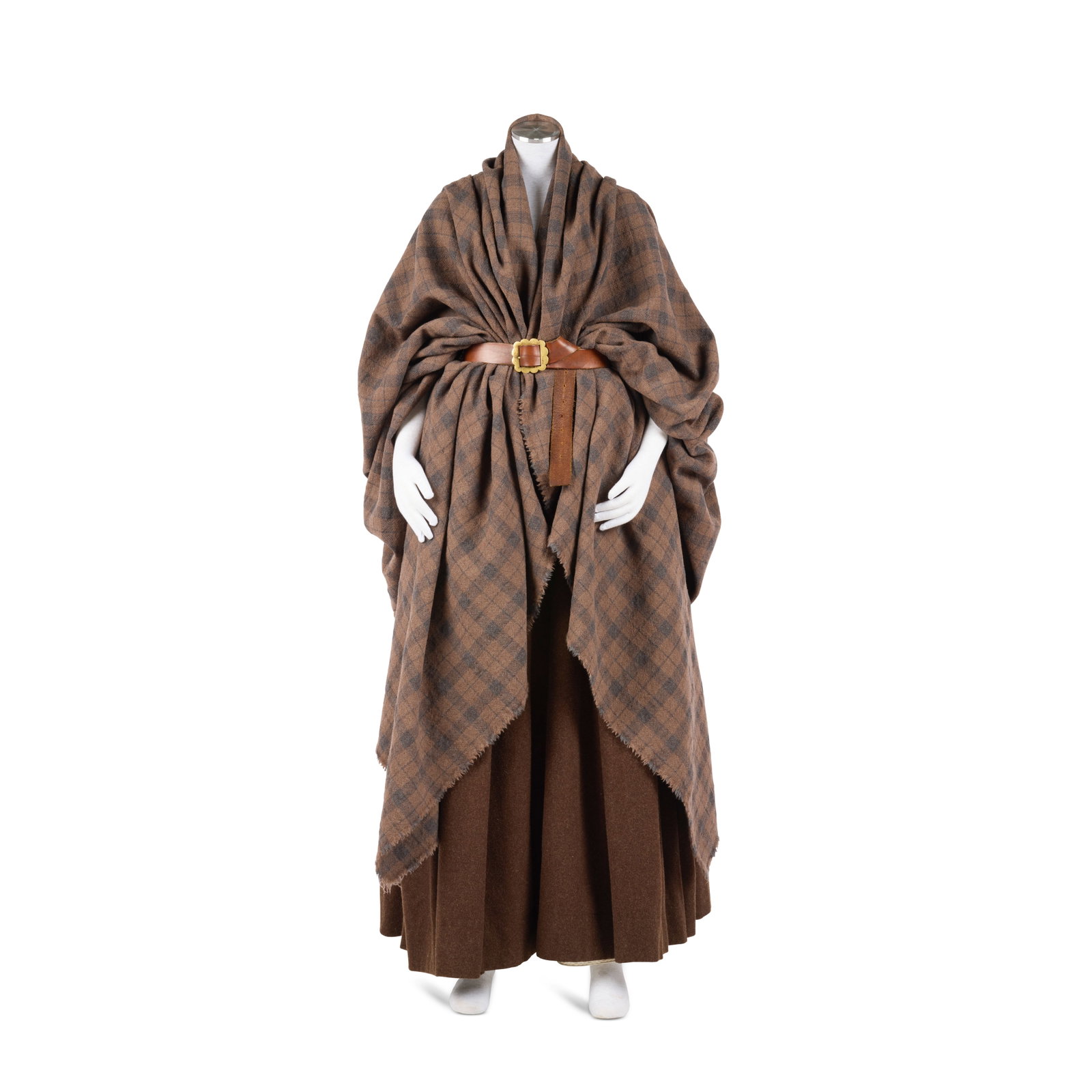 Claire's Arisaid Season 1 and Season 2, Various Episodes 2: Claire's Arisaid Season 1 and Season 2, Various Episodes Comprising: a brown tartan custom-made arisaid in Fraser plaid; with leather belt and brass scalloped edged buckle; with accompanying brown woo
