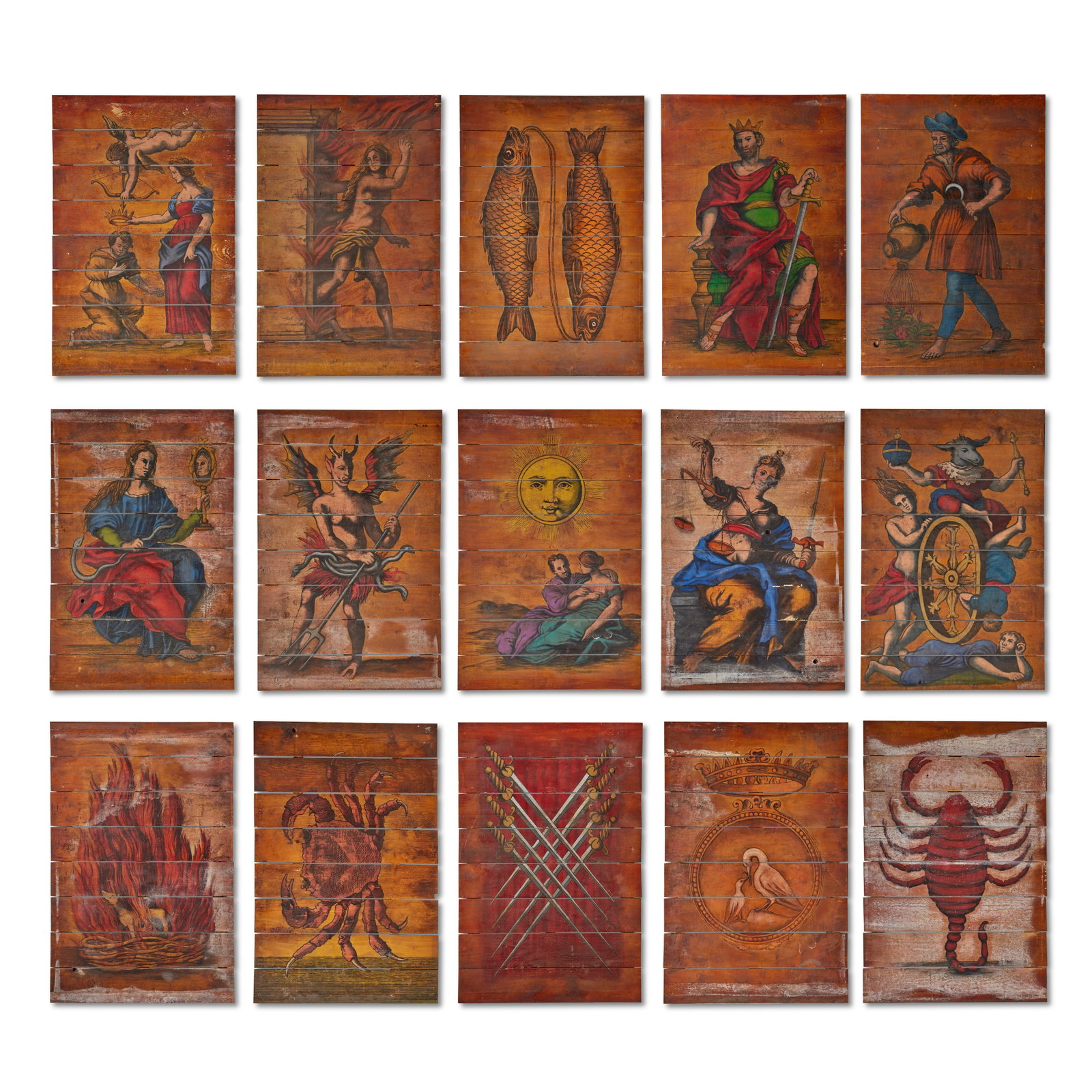 A collection of fifteen painted panels for Geillis's Still Room set First seen Season 1, Episode...: A collection of fifteen painted panels for Geillis's Still Room set First seen Season 1, Episode 3, 'The Way Out' Each panel made up of eight pine boards, and painted with various symbolic motifs, fro
