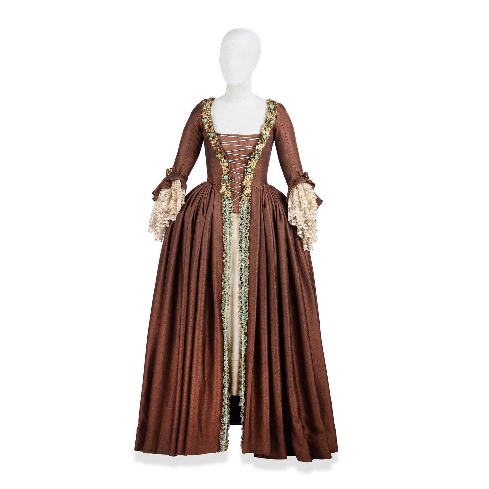 A chocolate-brown dress with metal embellishments, worn by Claire and Marsali Season 2, Episode ...: A chocolate-brown dress with metal embellishments, worn by Claire and Marsali Season 2, Episode 4, 'La Dame Blanche' The first: a custom-made chocolate-brown silk-wool overdress, fitted with gold-colo