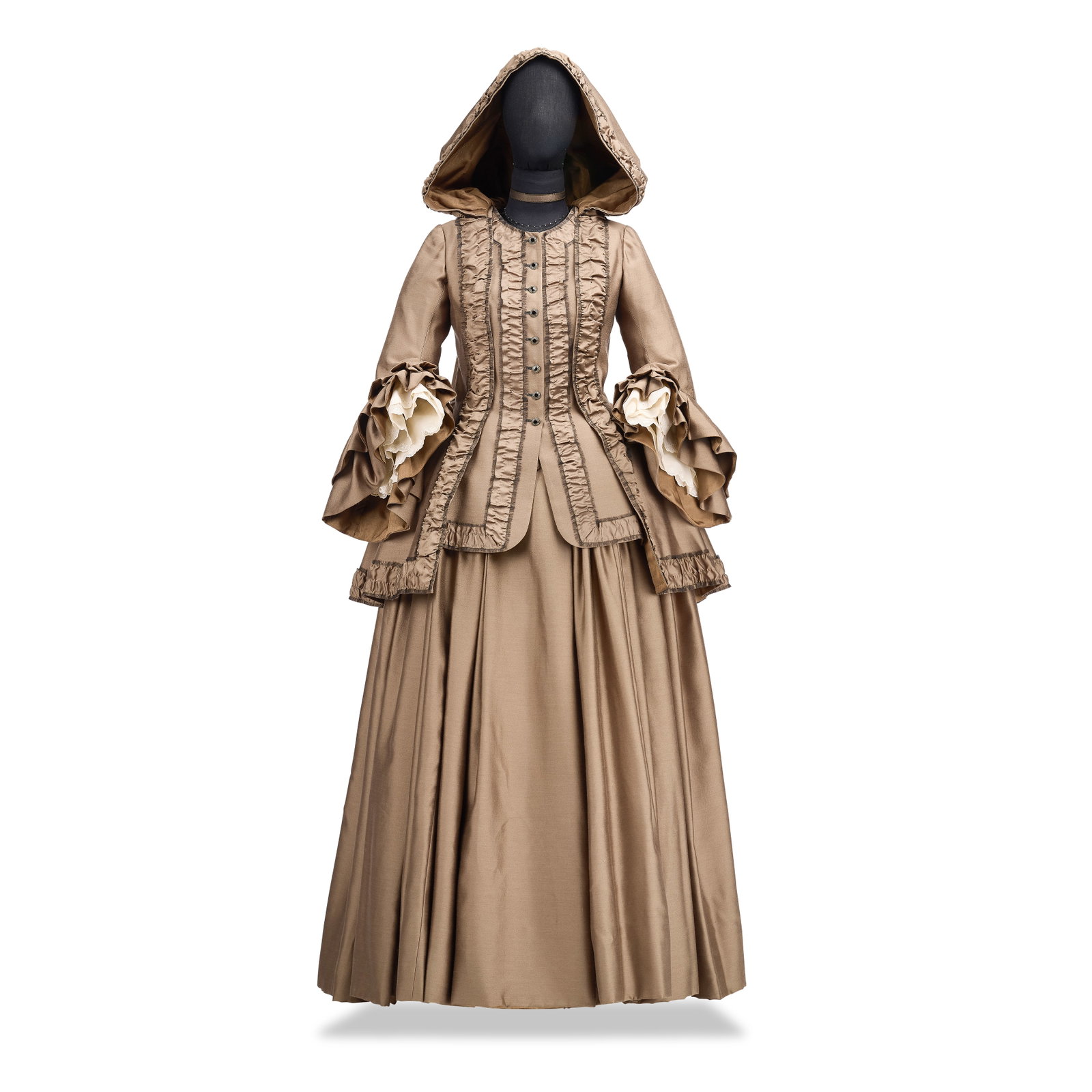 Claire's Brunswick Season 2, Episode 4, 'La Dame Blanche' 5: Claire's Brunswick Season 2, Episode 4, 'La Dame Blanche' Comprising: a custom-made frilled silk dress with a matching frilled over-jacket featuring a pleated français back, fitted with plastic b