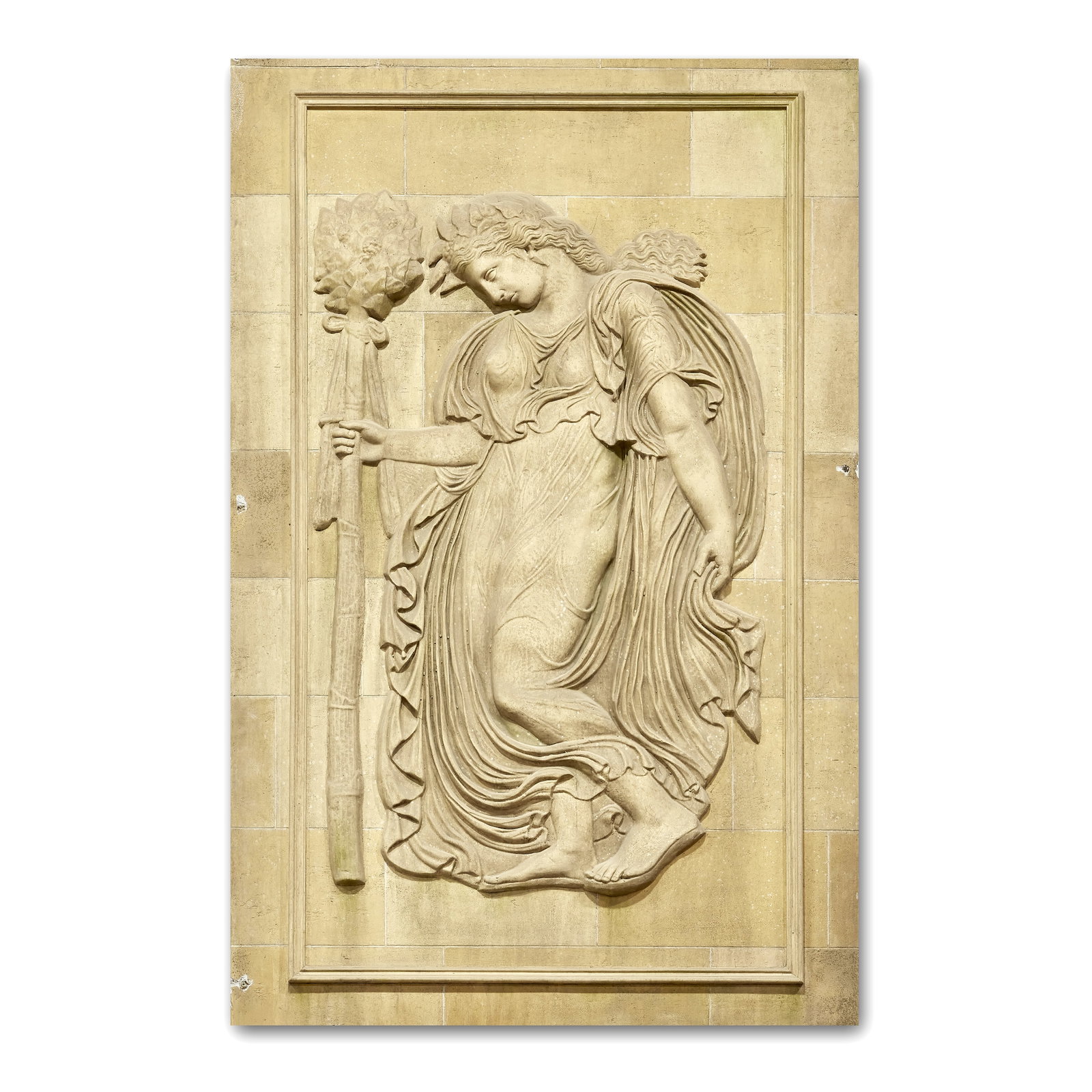 A large plaster relief, after the Antique First seen Season 2, Episode 2, 'Not in Scotland Anymo...: A large plaster relief, after the Antique First seen Season 2, Episode 2, 'Not in Scotland Anymore', for the Paris House set exterior Of rectangular form, depicting a dancing maenad holding a thyrsus,