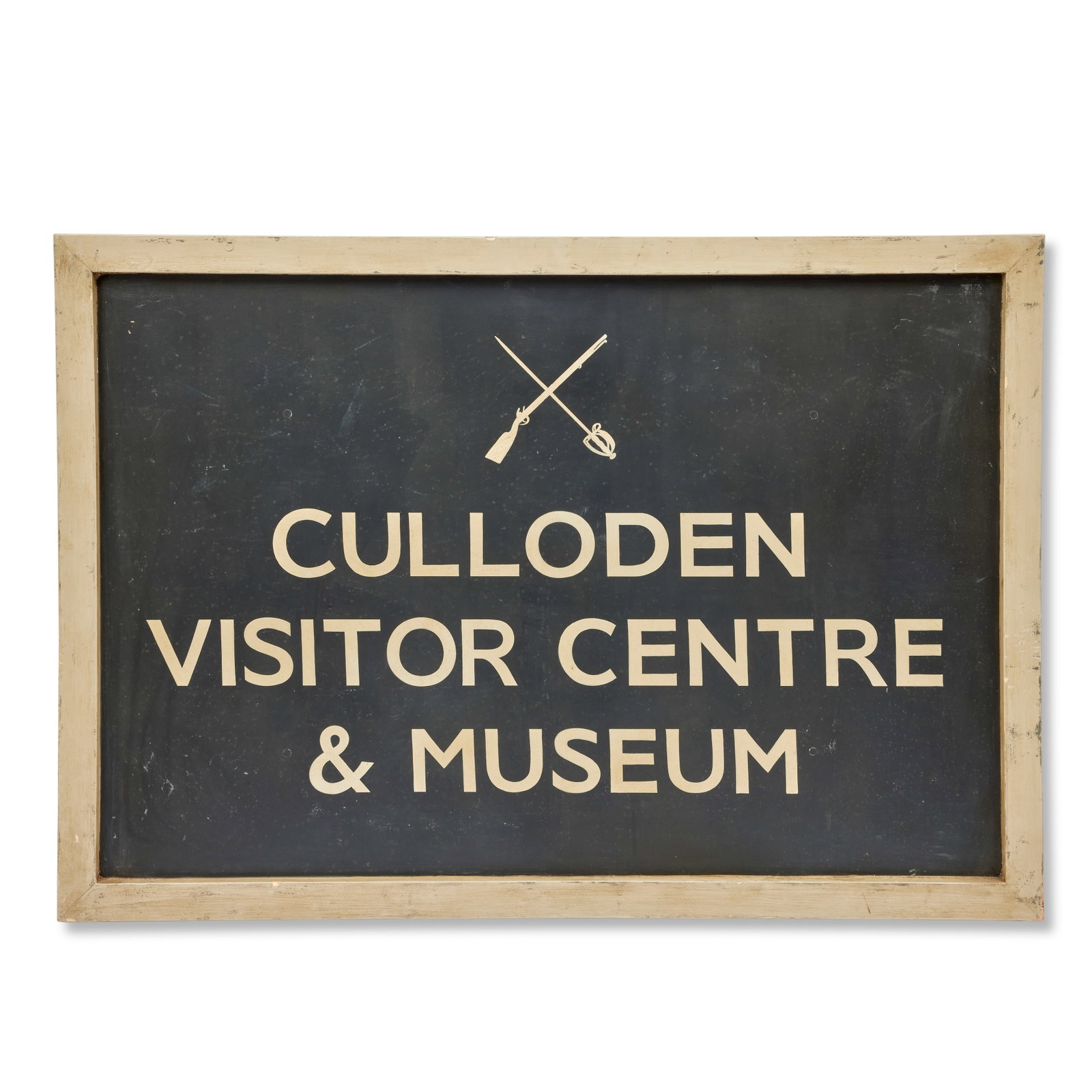 The 'CULLODEN VISITOR CENTRE & MUSEUM' sign Season 2, Episode 13, 'Dragonfly in Amber': The 'CULLODEN VISITOR CENTRE & MUSEUM' sign Season 2, Episode 13, 'Dragonfly in Amber' The black sign with cream text surmounted by a painted crossed musket and basket hilt sword, within a cream paint