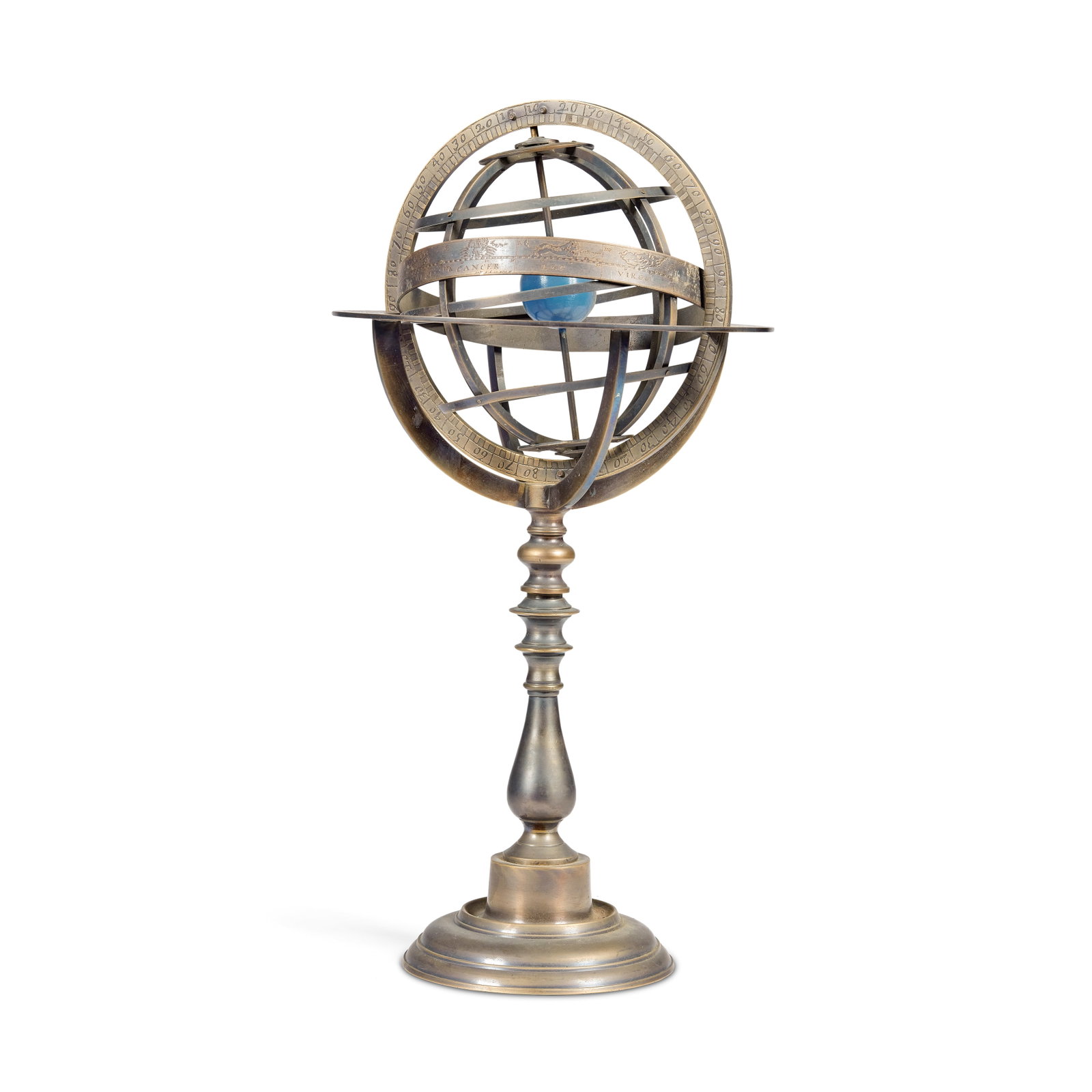 A patinated brass armillary sphere Season 3, Episode 3, 'All Debts Paid', for the Print Shop set: A patinated brass armillary sphere Season 3, Episode 3, 'All Debts Paid', for the Print Shop set The rotating, removable central orb with engraved band of star sign constellations, centred by a blue p