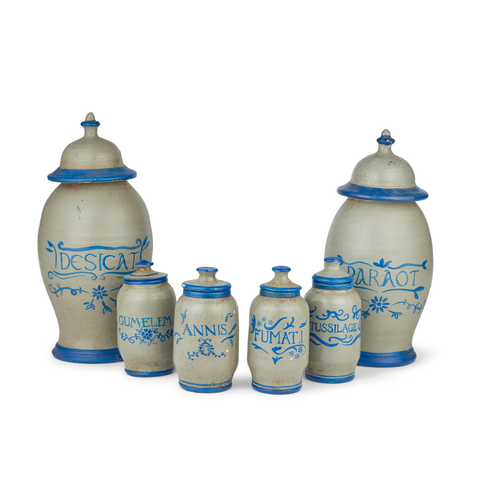 A collection of six painted clay apothecary jars and covers Season 3, Episode 7, 'Crème de ... (1 of 1)