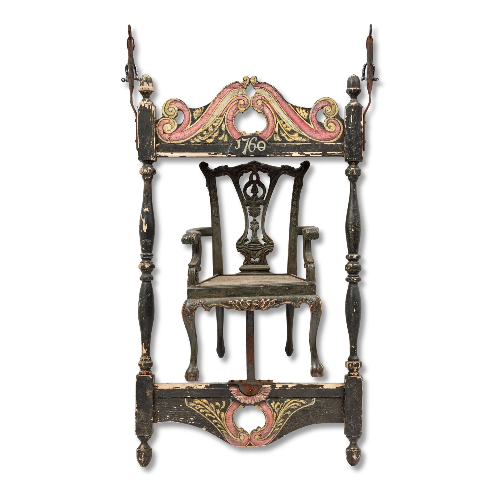 A painted furniture maker's sign First seen Season 4, Episode 1, 'America the Beautiful', for th...: A painted furniture maker's sign First seen Season 4, Episode 1, 'America the Beautiful', for the Wilmington Street set Mounted with a black painted armchair in the manner of Thomas Chippendale with a