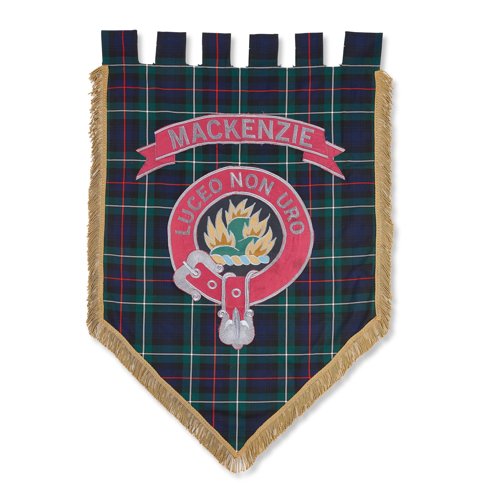 A MacKenzie Clan banner Season 4, Episode 3, 'The False Bride': A MacKenzie Clan banner Season 4, Episode 3, 'The False Bride' Of typical shield form in blue and green tartan, the clan name above an applied motto and flaming mountain crest, the motto reading Luceo