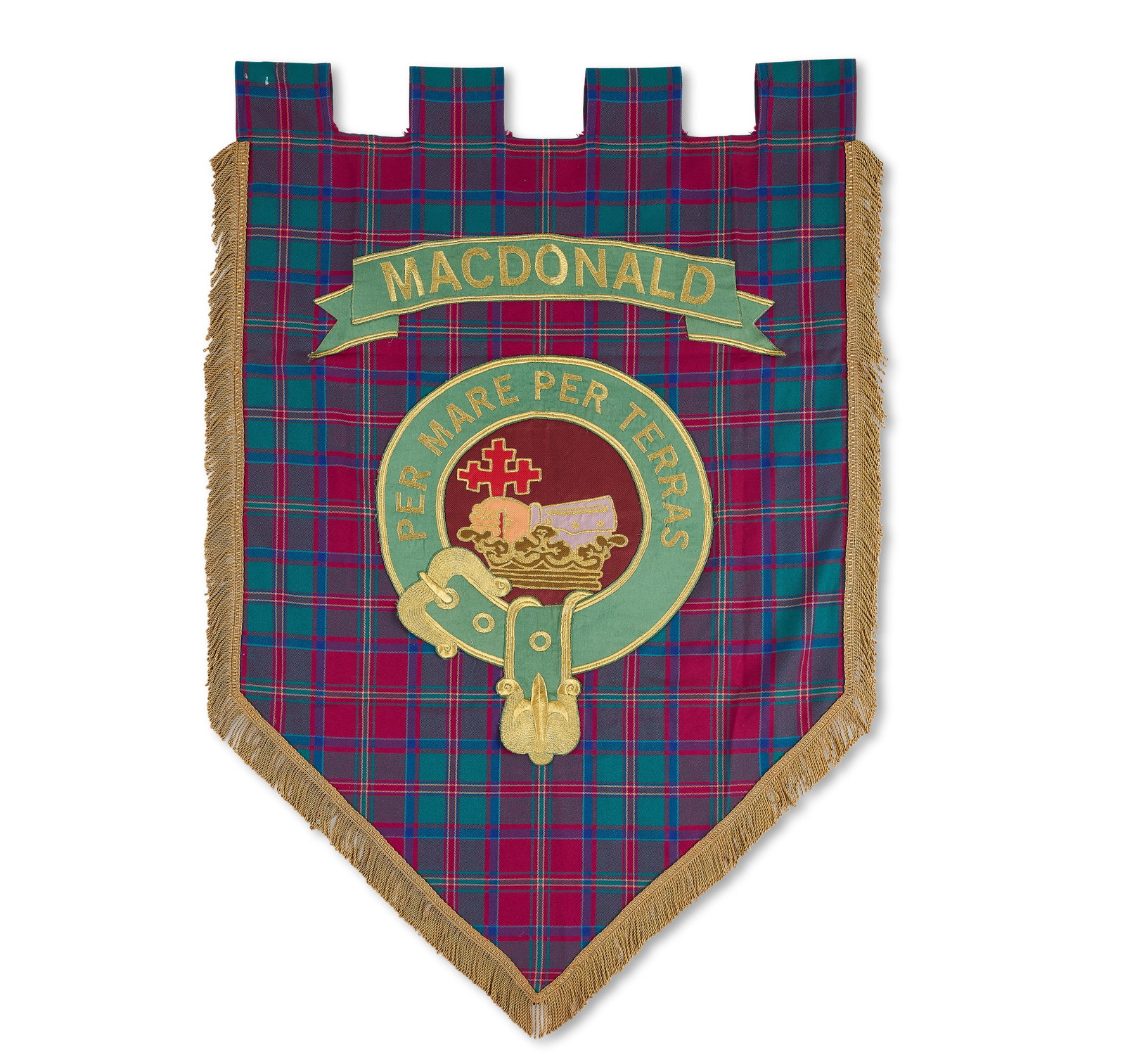 A MacDonald Clan banner Season 4, Episode 3, 'The False Bride': A MacDonald Clan banner Season 4, Episode 3, 'The False Bride' Of typical shield form in maroon and green tartan, the clan name above applied motto and armoured hand holding a pointed cross crest, the